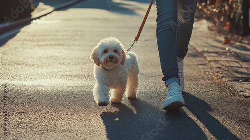 Person enjoys perfect morning walk with fluffy dog on sunny street, showcasing stylish sneakers and joyful atmosphere