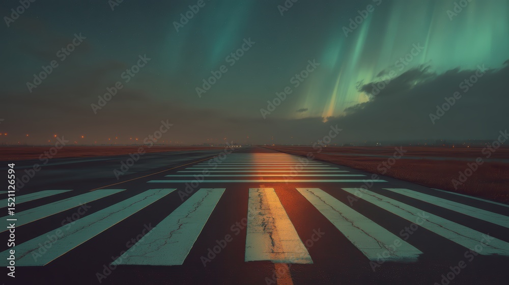 Fototapeta premium road crossing flat tundra under northern lights, perfect lighting, realistic and cinematic style