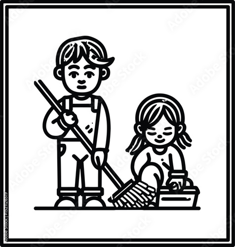 Cleaning Activity Symbol Featuring Two Children Engaged in Tidying Tasks: One Standing with a Broom, The Other Kneeling with a Bucket and Supplies—Representing Household Chores, Responsibility, 