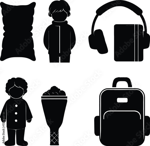 Silhouette Symbol Set Featuring Six Unique Objects and Figures: A Soft Pillow Representing Comfort, A Child Wearing a Coat Symbolizing Warmth, A Pair of Headphones with a Book for Learning 