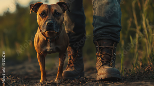 Closeup of dog walking alongside person rugged boots, showcasing serene outdoor setting. warm light highlights dog expressive face and natural surroundings, evoking sense of companionship