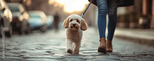 Dog walks happily alongside its owner on cobblestone street during sunset, capturing classic street photography feel. warm light enhances joyful atmosphere of moment