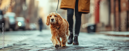 Person walks golden cocker spaniel dog on cobblestone street, showcasing classic street photography vibe. scene captures serene moment in urban setting, evoking warmth and companionship