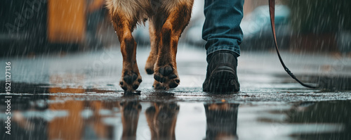 Closeup detail shot of dog walking in rain, showcasing paws of German Shepherd alongside person foot. wet pavement reflects scene, creating serene atmosphere