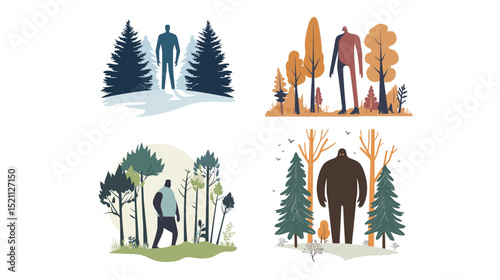 A giant man taller than the trees shivering alone in a dense forest, surreal and emotional concept illustration representing vulnerability, isolation, fantasy scale, and nature vs. human contrast 