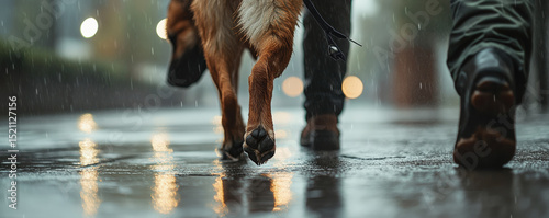 Closeup detail shot of dog walking alongside person on rainy street, showcasing dog paws and reflections on wet pavement, creating serene and intimate atmosphere
