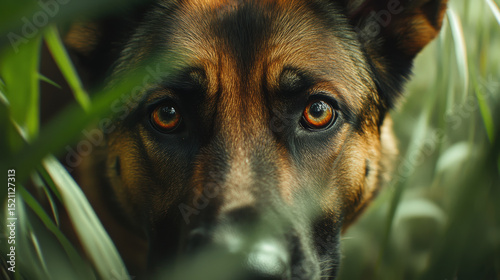 Closeup of German Shepherd face, showcasing its expressive eyes and fur, surrounded by lush green foliage, creating captivating and intimate moment in nature