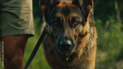 Closeup of German Shepherd walking alongside person in nature, showcasing dog expressive eyes and strong features, creating bond between pet and owner
