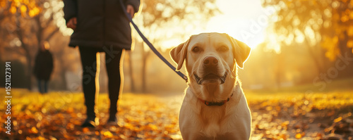 Dog walks confidently on leash during beautiful autumn sunset, surrounded by fallen leaves. warm light creates serene atmosphere, highlighting dog determined expression