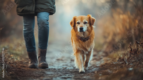 Loyal dog walks alongside its owner on serene path, surrounded by nature beauty. cozy morning light enhances peaceful atmosphere of this delightful scene