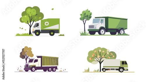 Flat vector illustration of a green and white garbage truck, clean and minimal design symbolizing waste management, recycling, and environmental services, ideal for eco-friendly transport 