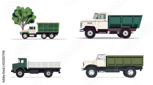 Flat vector illustration of a green and white garbage truck, clean and minimal design symbolizing waste management, recycling, and environmental services, ideal for eco-friendly transport 