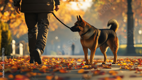 Person walking dog on crisp fall morning, surrounded by colorful autumn leaves. scene captures beauty of nature and bond between humans and pets