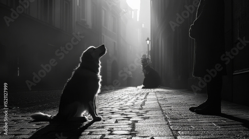 Dramatic black and white image captures dog sitting on cobblestone street, illuminated by soft light filtering through buildings. scene evokes sense of calm and mystery