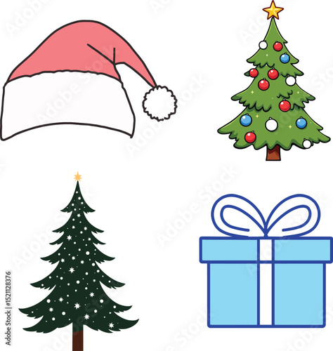 Christmas Holiday Symbol Set Featuring Four Festive Elements: A Classic Red Santa Hat with White Trim, A Decorated Christmas Tree with Colorful Ornaments and a Star, An Undecorated Snow-Covered Tree 