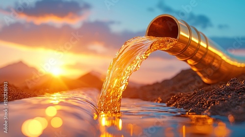 Liquid flows from golden pipe into a shimmering stream outdoors