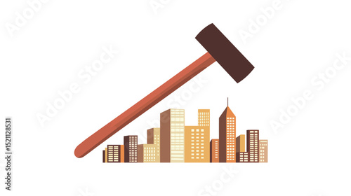 Creative vector illustration of a hammer transforming into a city skyline, symbolizing urban construction, development, architecture, and growth, ideal concept for real estate, engineering, 