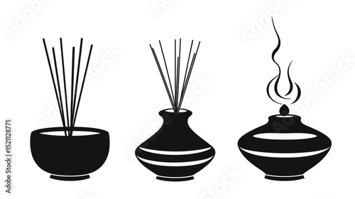 Minimalist silhouette design of an incense holder featuring clean lines and elegant shapes, capturing the traditional and spiritual essence of incense burning, suitable for wellness, meditation,
