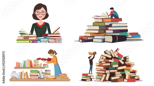 Vector graphic of a librarian organizing books on shelves in a library, featuring a professional woman arranging colorful books with focus and care, perfect for education, knowledge, library services,