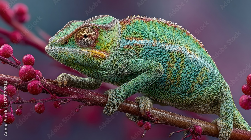 Obraz premium Elegant chameleon perched on a branch amidst vibrant pink floral accents