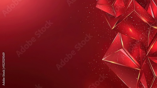 Geometric ruby forms with golden edges float against a red backdrop
