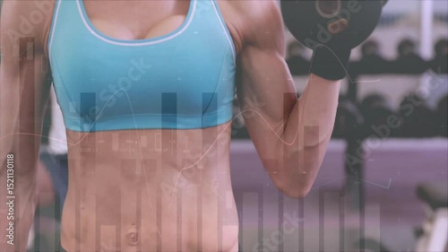 Fitness trainee curling dumbbell in gym, initiating animated bicep contraction overlay