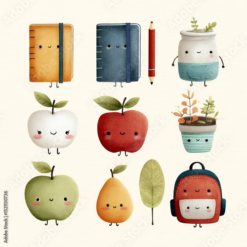 A set of cartoon characters are holding various school supplies, including a ruler, a book, a pencil