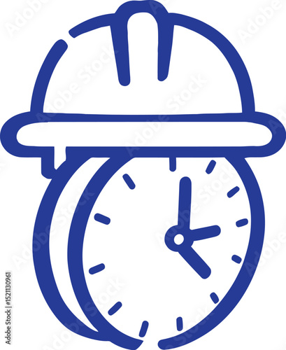Construction Time Management Symbol Set Featuring a Clock with a Construction Helmet Placed on Top—Representing Scheduling, Efficiency, and Worksite Planning