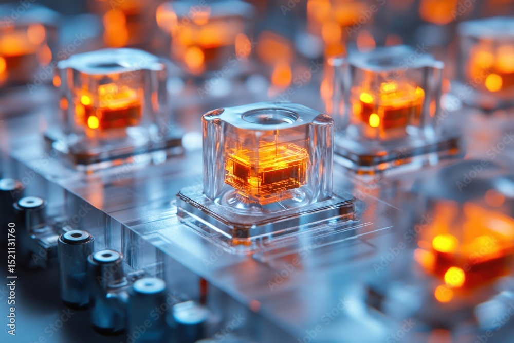 Close-up of illuminated transparent mechanical keyboard switches, showcasing intricate internal components and glowing LEDs. Close-up of illuminated transparent mechanical keyboard switches, showcasing intricate internal components and glowing LEDs.