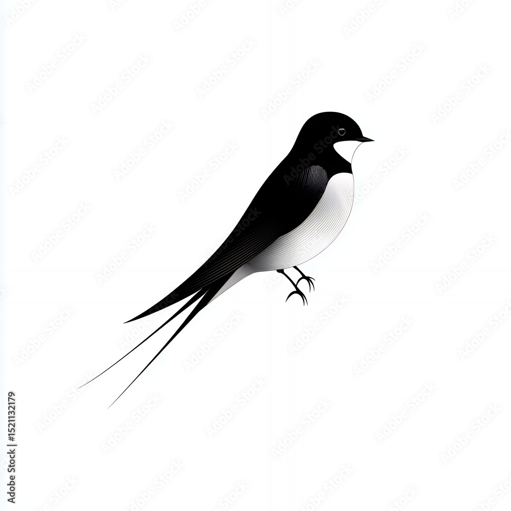 Fototapeta premium A beautiful black and white bird with a white tail is standing on a white background