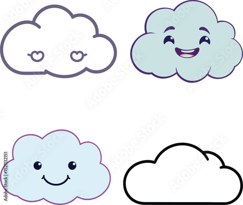 Cartoon Cloud Symbol Set Featuring Four Playful Clouds with Unique Facial Expressions: One with Heart Eyes, One with a Happy Wide Smile, One with a Gentle Open-Eyed Grin, and One Minimalistic Cloud
