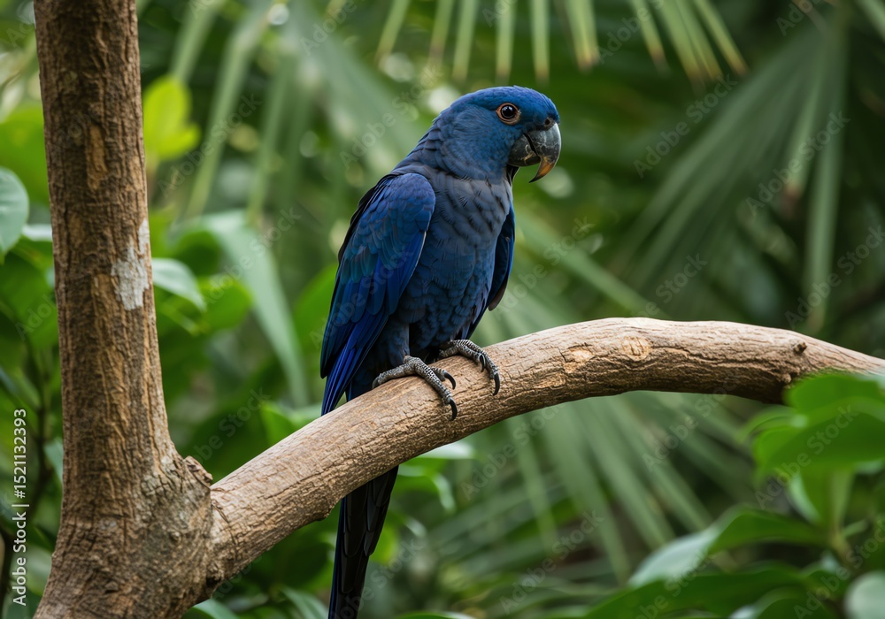 Obraz premium A vibrant Spix’s Macaw perched on a tree branch in bright daylight, surrounded by tropical leaves, its vivid blue feathers illuminated, captured in a realistic high-detail wildlife photograph