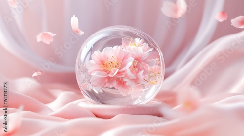 Delicate pink flowers in a glass sphere on a blush pink backdrop.