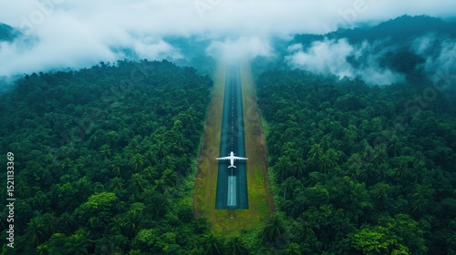 A small aircraft prepares for takeoff on a remote runway surrounded by lush green forests and mist