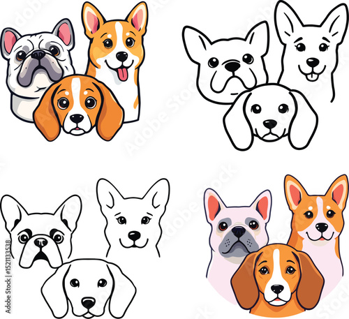 Dog Illustration Symbol Set Featuring Four Groups of Three Breeds: A French Bulldog, A Corgi, and A Beagle in Different Artistic Styles—Representing Pet Companionship, Canine Diversity, 