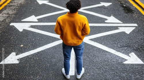 Individual in a yellow sweater stands at a crossroads with multiple arrows on the pavement, contemplating direction