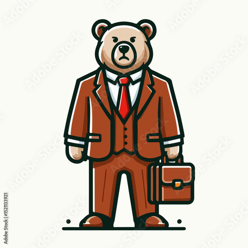Bear Business Executive: A powerful and determined cartoon bear, meticulously attired in a formal suit and carrying a briefcase, embodies the spirit of business and professionalism.