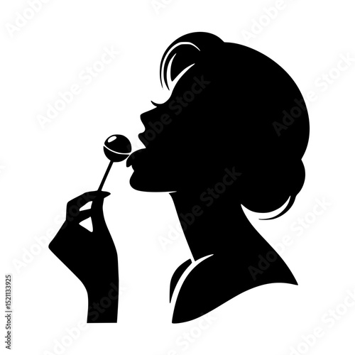Minimalist Black Silhouette SVG of Woman Licking a Lollipop – Simple Clean Vector Design