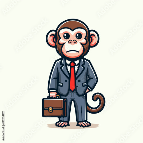 Business Monkey's Briefcase: A clever and whimsical illustration of a monkey dressed in a business suit, holding a briefcase, ready to conquer the business world with a serious expression.