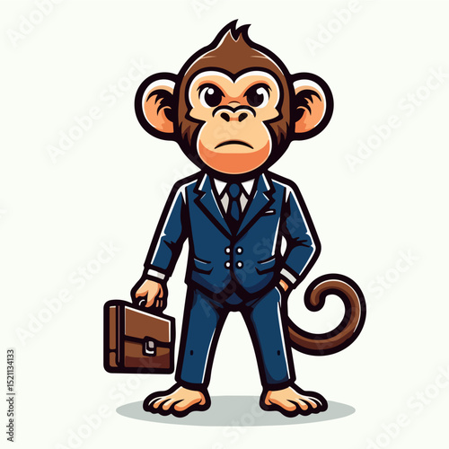 Business Monkey Illustration: A cartoon illustration of a monkey in a business suit, holding a briefcase, exuding a serious and confident demeanor.