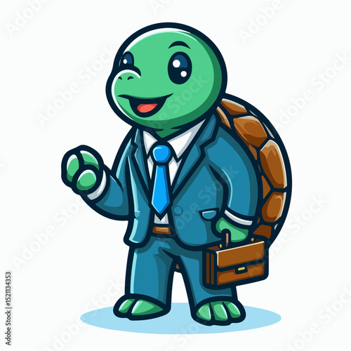Smart Turtle Executive: A charming cartoon turtle, meticulously dressed in a tailored suit, holds a briefcase, embodying professionalism and forward momentum.