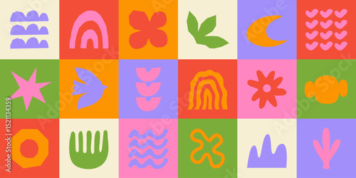 Abstract Geometric background with doodle groovy shapes. Childish playful forms. Trendy vector illustration