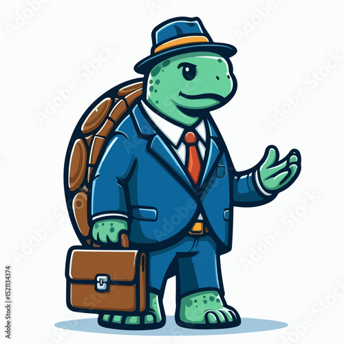 Business Turtle: An illustration of a stylish tortoise dressed in a suit, holding a briefcase and hat, personifying professionalism and corporate imagery. 