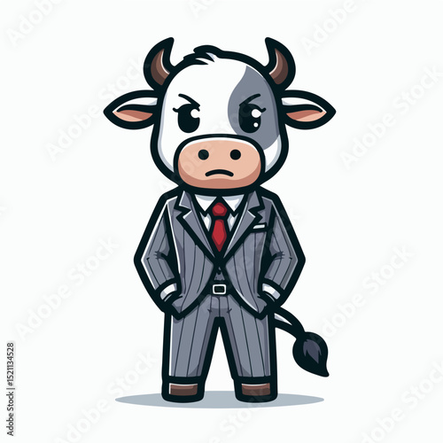 Cow in Suit: A cute illustration of a cow wearing a formal suit with a serious and determined expression, capturing an unique perspective in business