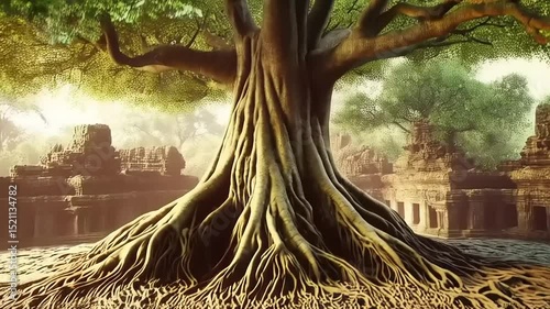 Ancient ruins overgrown with lush greenery and a majestic tree, bathed in soft sunlight