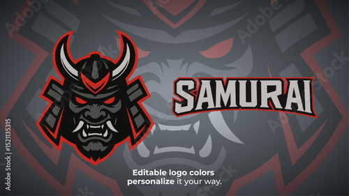 Dark Samurai Mask Logo with Red Horns – Esports or Gaming Mascot Vector Illustration
