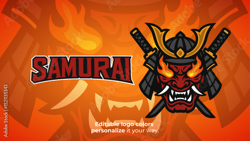 Flaming Samurai Demon Mask Logo with Dual Swords – Esports or Gaming Mascot Vector
