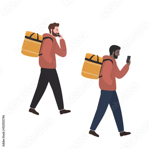 Walking delivery guy. Two multi ethnic male characters design. Fast shipping. Courier with backpack and mobile phone isolated on white background. Delivery service.