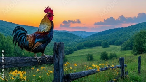 Vibrant rooster on fence at sunset in lush countryside landscape. 2029 year rooster, calendar
