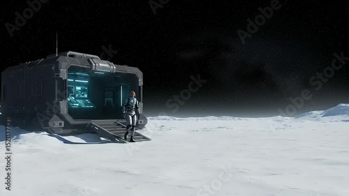 Astronaut standing outside a futuristic lunar habitat on a desolate moon landscape at night